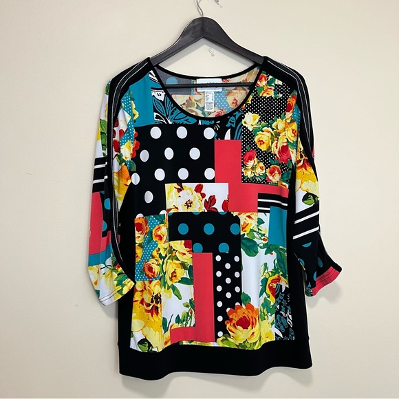 Joseph Ribkoff Multi Print Sparkle Strip 3/4 Sleeve Top - Picture 2 of 16